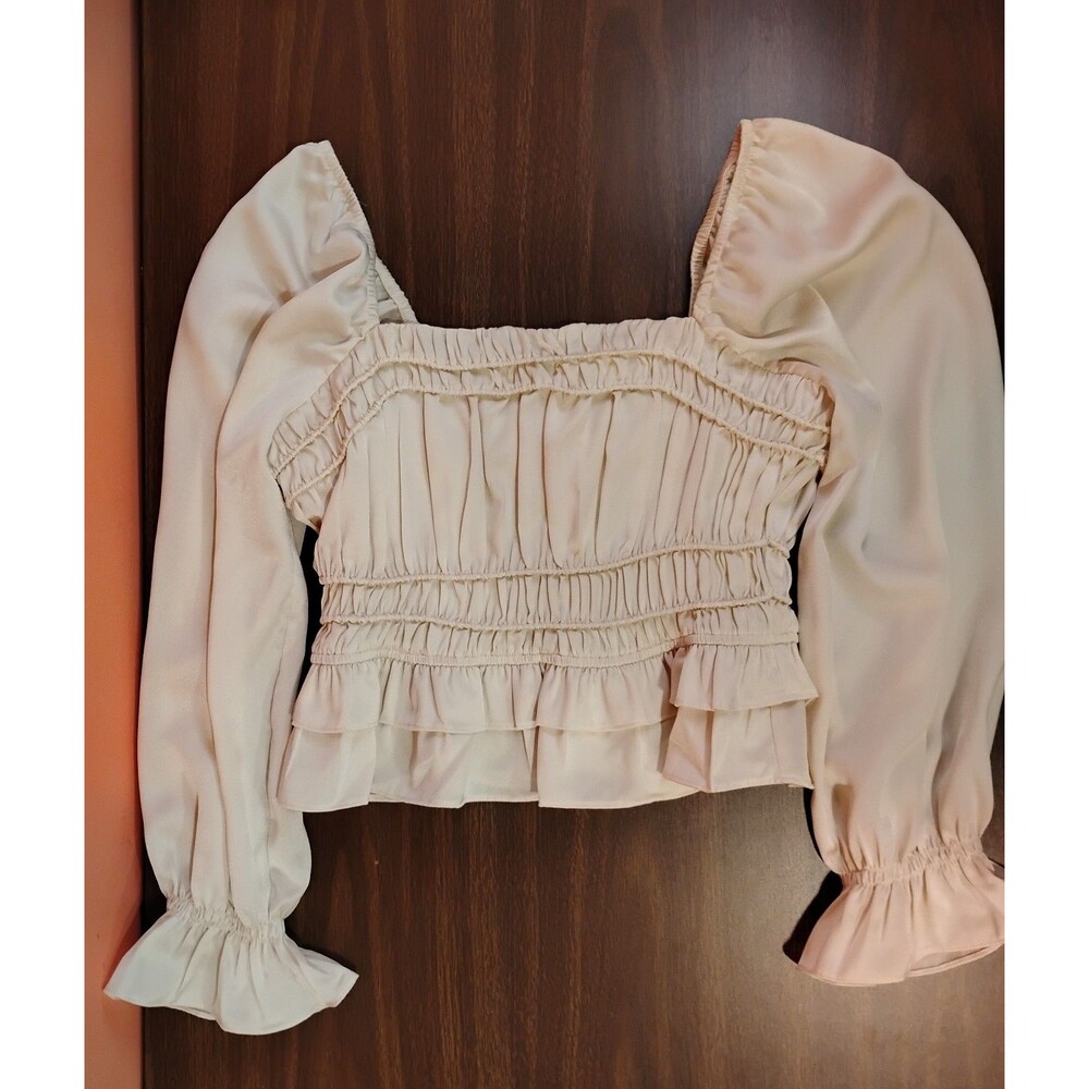 Women's Greylin Satin Square Neck Smocked Long Sleeve Blouse Ivory Small